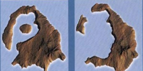 immagine dell'isola di Santorini, prima e dopo la devastante eruzione vulcanica